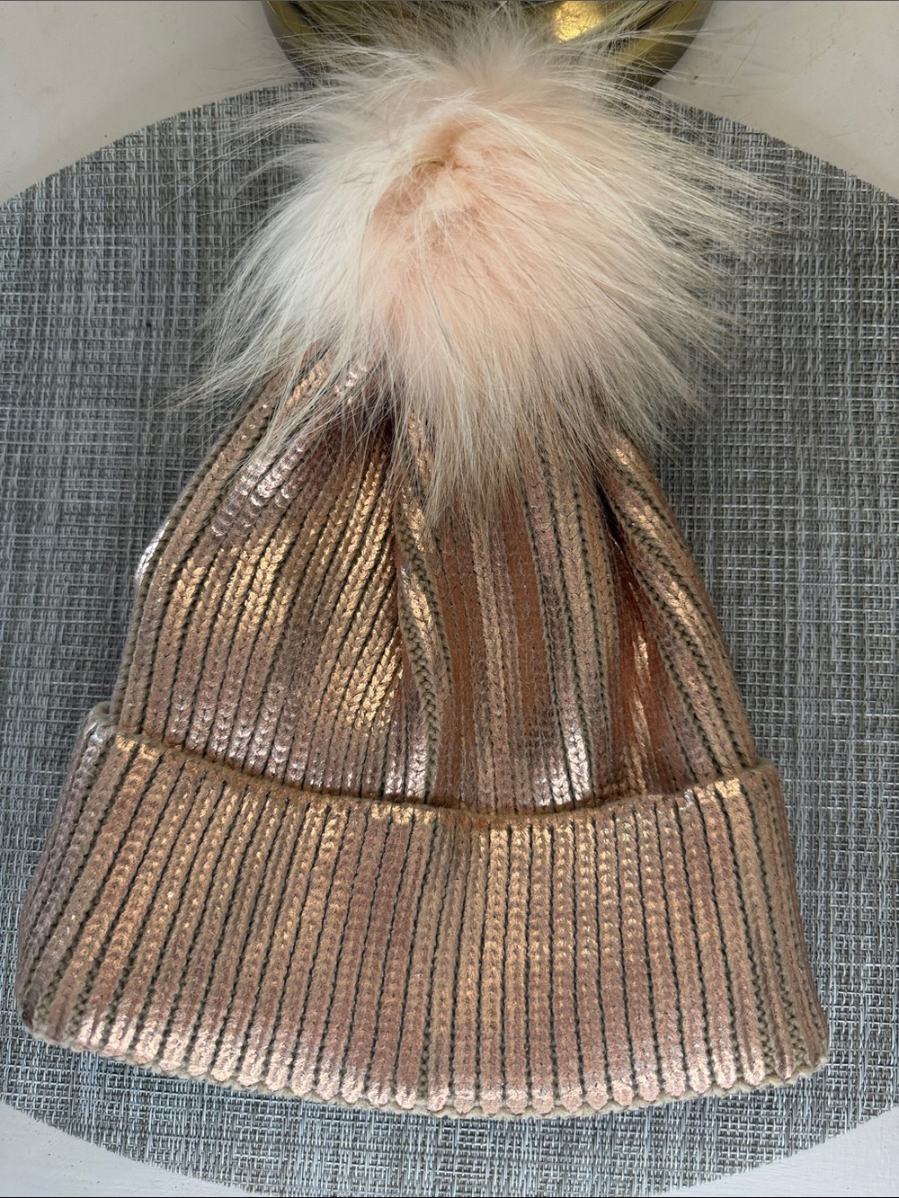 Metallic Rose Gold Ribbed Pom Fox Beanie Hat
